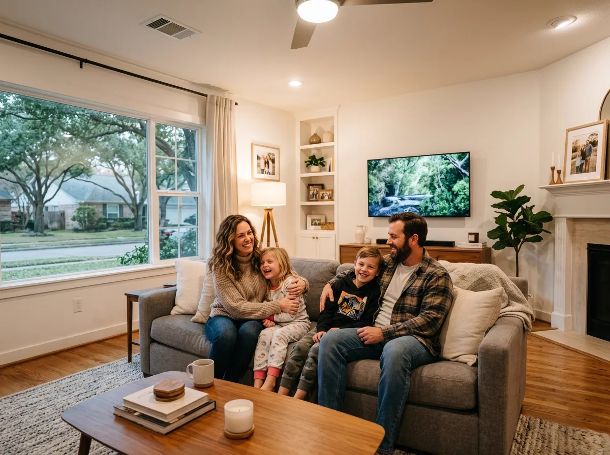 Happy family relaxing in comfortable home with perfect temperature