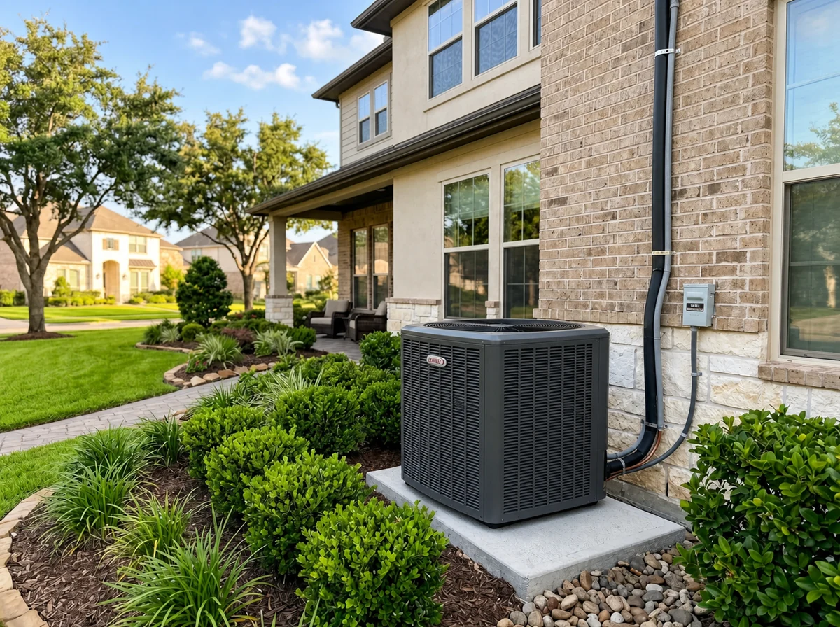 Professional HVAC installation outside a beautiful Houston home